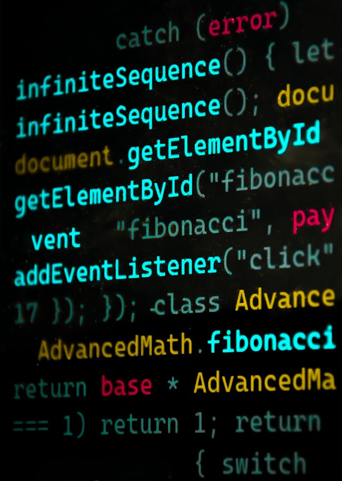 Services Close-up of vibrant JavaScript code featuring functions and syntax highlighting.